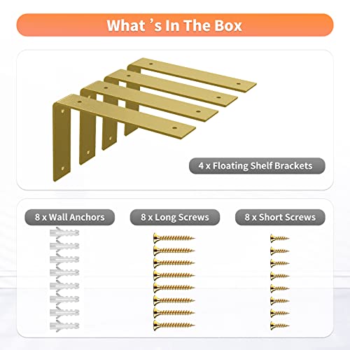 Gold Heavy Duty Shelf Brackets 8 Inch, Extra Thick L Shelving Brackets, Rustic Gold Iron Floating Shelves Wall Mounted with Hardware for DIY Open Shelving, 4 Pack by Sanbeeto - Image 5