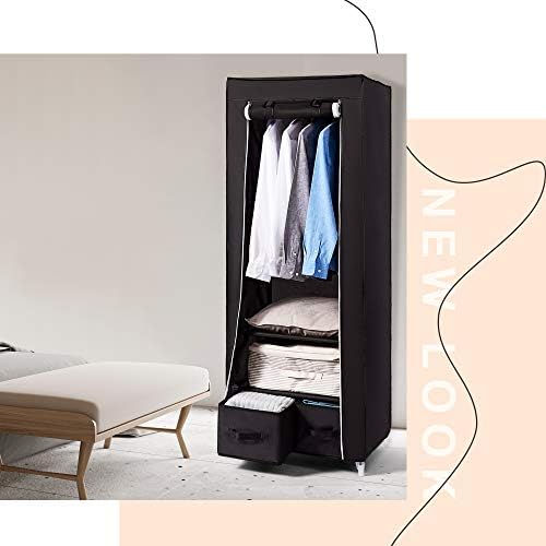 Hododou Portable Wardrobe Single Wardrobe Storage Organizer with 2 Drawers and Hanging Rail Foldable Closet for Clothes, Bags, Toys, Shoes, Living Room, Bedroom 160 x 59 x 43CM