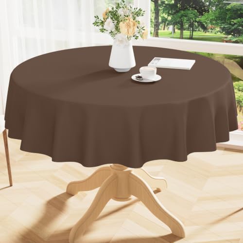 Image of Smiry Round Table Cloth 60 inch, Waterproof Wipeable Vinyl Tablecloth | Oil Spill Proof Plastic Table Cover, Flannel Backed Table Cloths for Dining, Picnic, Camping, Outdoor, Brown