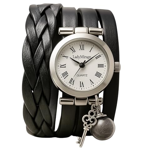 Lady Mirage - Echte Feder Echtleder Armbanduhr Damenuhr Wickeluhr - Geschenk für Sie - Handmade Geschenk - Geschenkidee für Freunden, Schwester, Geburtstag, Jahrestag, Weichnachten (Schwarz)