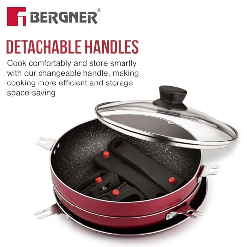 Image of Bergner Sherry Plus 5-Layer Non-Stick Coating 6 Pcs Cookware Set with Induction Bottom and Detachable Handle, 24cm /2.5L Kadai with Lid, 24cm /1.6L Frypan, 25cm Dosa Tawa, 2 Nylon Spatulas (Maroon)