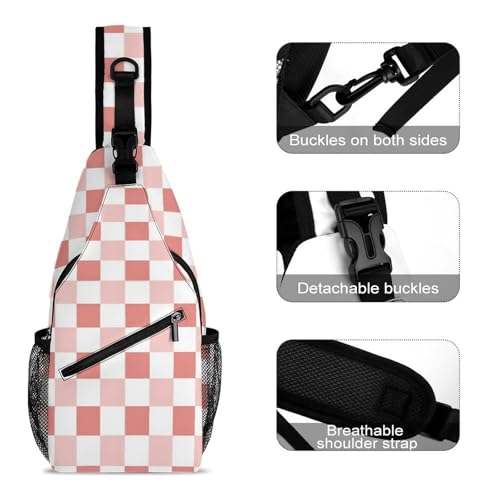 Fashion Traveling Running Casual Chest Bag, Dress Decor Sling Backpack, Shoulder Bag Casual Day Pack Cute Pink Checkered3