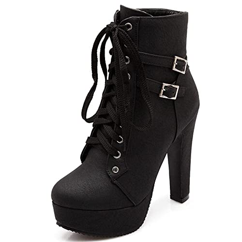 HINDOLA Women Boots Fashion High Heel Lace Up Ankle Boots Ladies Round Toe Buckle Knight Ankle Boots