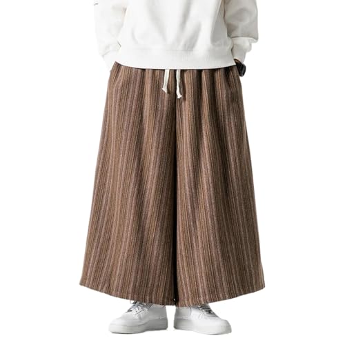 Japanese Autumn Winter Pants for Mens Warm Thicken Woolen Striped Casual Wide Leg Pants