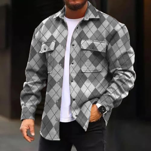 Mens Checked Shacket UK Overshirt Casual Autumn Winter Vintage Plaid Jacket Button Down with Pockets Shirts Long Sleeve Jacke Lumberjack Flap Coats - Image 7