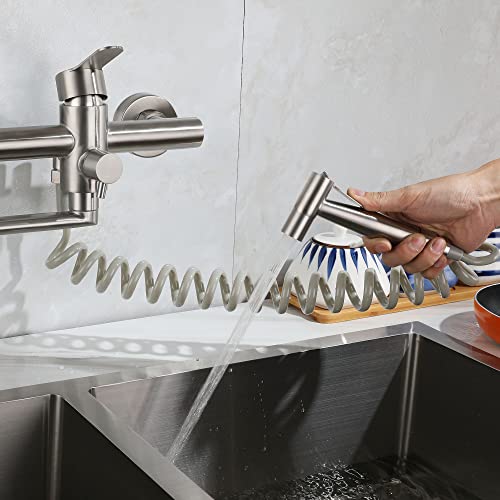 Zhyich Wall Mount Kitchen Sink Faucet With Side Sprayer, Commercial Faucet, Nickel Brushed Unility Sink Faucet, Mixer Tap, 7.7-8.3 Inches Center, Lead-Free, Spout Reach 9.2" #TOP4