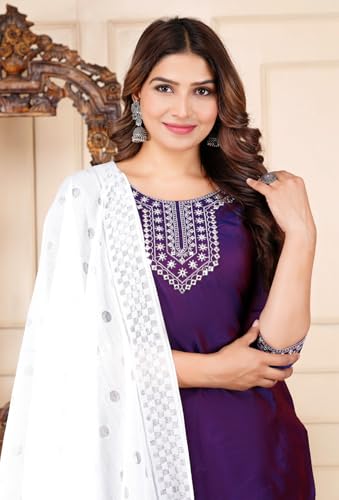 Image of Women's Silk Embroidered Kurta with Pant and Dupatta Set, Straight Style