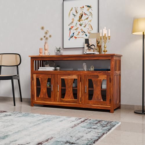 Image of WOODY Furniture Solid Sheesham Wood Kitchen Crockery Cabinet for Dining Room | Sideboard Storage Cabinet with Glass Doors, Console Table Buffet Cabinet for Living Room & Kitchen (Honey Finish)