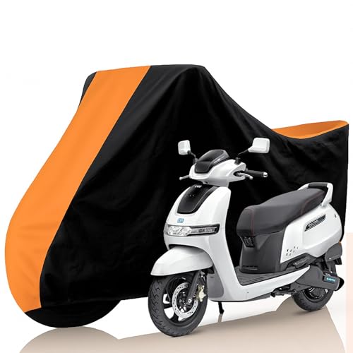 Image of All Weather Protection Two Wheeler Cover for TVS iQube Electric, Scooter & Scooty | Anti Dust, 100% Water Resistance, Heat Resistant, UV Proof - Triple Stitched | (Black Top Orange)