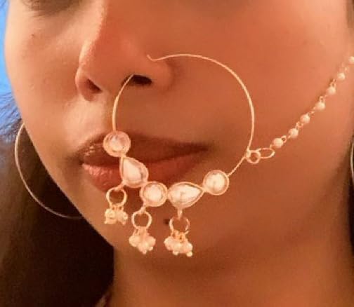 Touchstone"Contemporary Kundan Collection" Indian Bollywood Desire Royal Mughal Classical Style Kundan Look Jewelry Mangtika, Mathapatti, Nose rings In Antique Gold Tone For Women