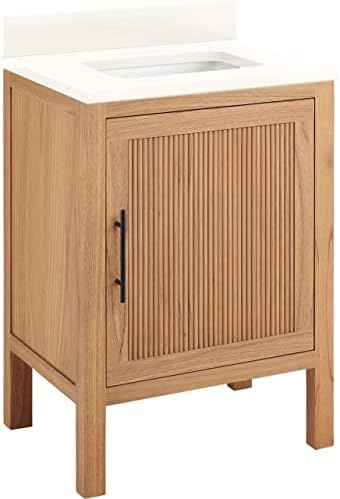 Signature Hardware 481729 Ayanna 24" Free Standing Single Vanity Set with Mindi Wood Cabinet, Vanity Top and Rectangular Undermount Vitreous China Sink - Natural Mindi/Arctic White