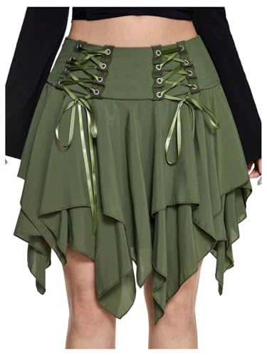 Verdusa Womens Goth Fairy Skirt Renaissance Ruffle Skort Lace Up Asymmetrical Mini Skirts Green Medium