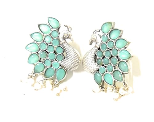 Image of Peacock Stud Earrings, Mint Green Stone with Pearl Drops, Silver Tone, Traditional Indian Style
