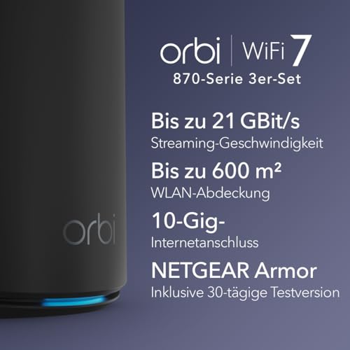 NETGEAR Orbi 870-Serie Tri-Band WiFi 7-Mesh-System (RBE873B) - Router + 2 Satelliten-Repeater, Sicherheitsfunktionen, max. 21 GBit/s, Abdeckung 600 m2, 150 Ger&auml;te, 10-Gig-Internetanschluss, schwarz