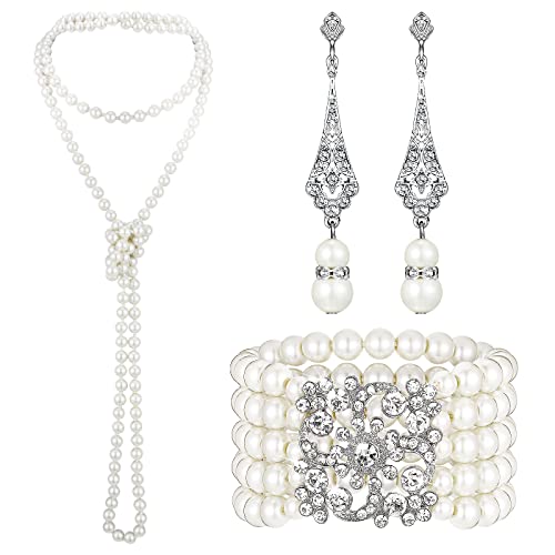 Maitys 3 Pcs 1920s Pearl Jewelry Set Includes Vintage Flapper Earrings Multilayer Imitation Pearl Necklace Bracelet for Women