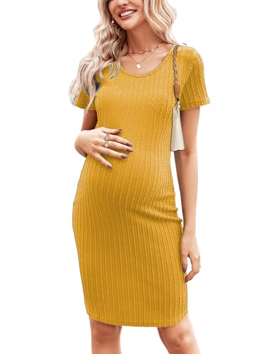 Image of Ekouaer Maternity Dress Rib Knit Short Sleeve Bodycon Dresses Casual Stretchy Pregnancy Baby Shower Clothes Yellow XX-Large