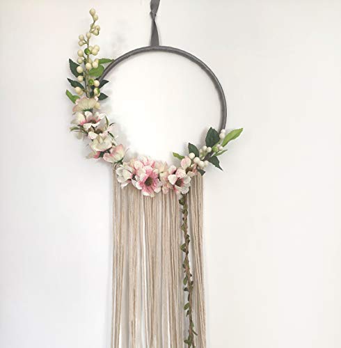RISEON Handmade 32" Long Large Tassel Dream Catcher Wall Hanging Decoration Macrame Fringe Floral Flower Wreath Dreamcatcher Boho Home Decor Ornament Gift (Peach)