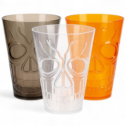 MIJOMA Set di 3 bicchieri con motivo teschio, 550 ml, in plastica, in 3 colori, per Halloween, con teschio, riutilizzabile, robusto