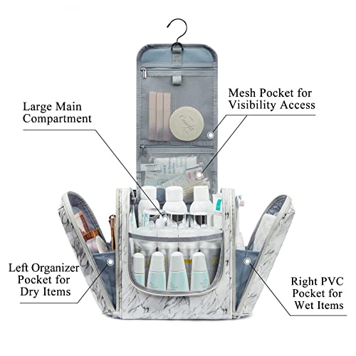 Bagsmart Large Toiletry Bag Hanging Travel Toiletry Bag For Women, Toiletry Organize Bag For Traveling, Water-Resistant Cosmetic Makeup Travel Bag For Full Sized Toiletries White Marble Pattern #TOP1