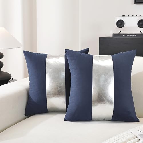 TAOSON Pack of 2 Velvet Decorative Throw Pillow Covers Navy Blue Patchwork with Silver Striped Leather Pillow Covers 18×18 Inch Cushion Covers Decor Living Room Sofa Bedroom Car Only Cover No Insert