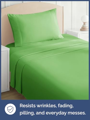 Image of Kids Twin Size Bed Sheet Set - 3 Piece Kids Loft Bed Sheets - Solid Green Themed Bedding - Soft, Cute and Cozy - Breathable and Machine Washable - Bedding for Boys, Girls, Teens & Toddlers - Oeko-Tex