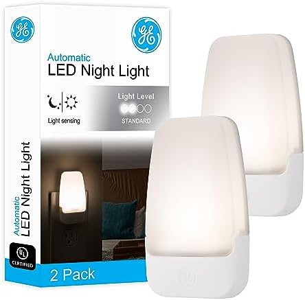 GE 30966 LED Plug-In Night Light, 2 Pack, Automatic, Light Sensing, Auto On/Off, Soft White, Energy Efficient, Ideal for Entryway, Hallway, Kitchen, Bathroom, Bedroom, Stairway and Office