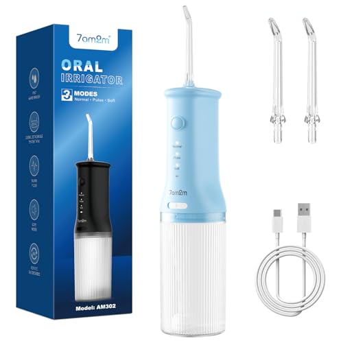 7AM2M Portable Cordless Water Flosser Oral Irrigator with 3 Modes & 2 Tips Fast Rechargeable IPX7 Waterproof Dental Water Flosser for Travel and Home Use (Light Blue)