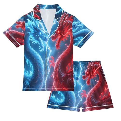 ALAZA Blue Red Dragon Magic Satin Pajamas Set Short Sleeve Button Down Sleepwear Summer Pjs 2 Piece