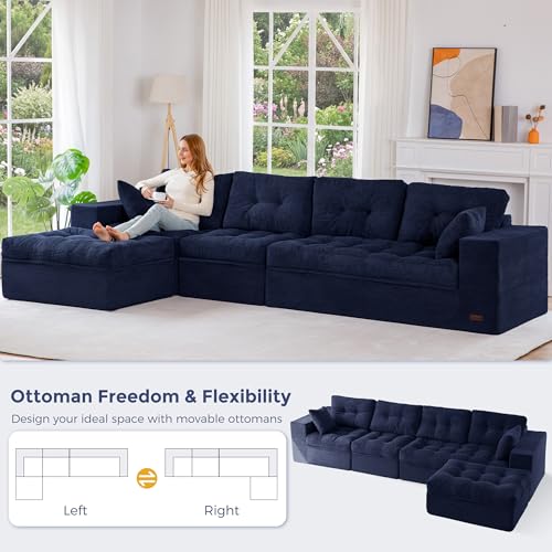 Image of MAXYOYO 132 inch L Shaped Modular Sectional Sofa with Ottoman, Cloud Boneless Couch with Layered Cushion, Upholstered Sofa in a Box, Flexible Module Combination for Living Room, No Assembly, Navy
