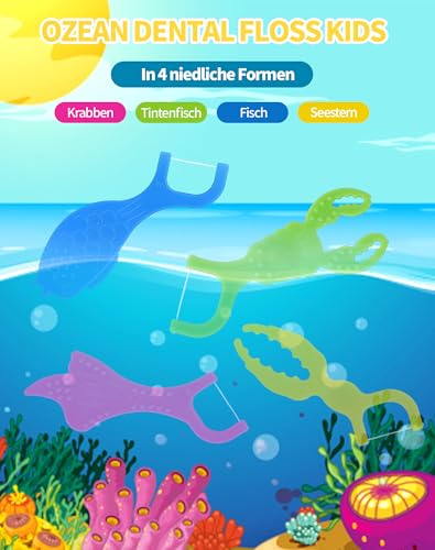 128 PCS Zahnseide Kinder Flossers Kid Zahnseide Sticks für engen Zahnzwischenräume Dental floss Kids Dental Sticks mit kindergerechtem Griff, 4 Ocean-Tierformen, bunte Farben – Bild 4