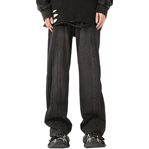 Maiyifu-GJ Jeans for Men Plus Size Straight Patchwork Wide Leg Relaxed Fit Denim Pants Baggy Casual Streetwear Jean Trousers (Black,X-Large)