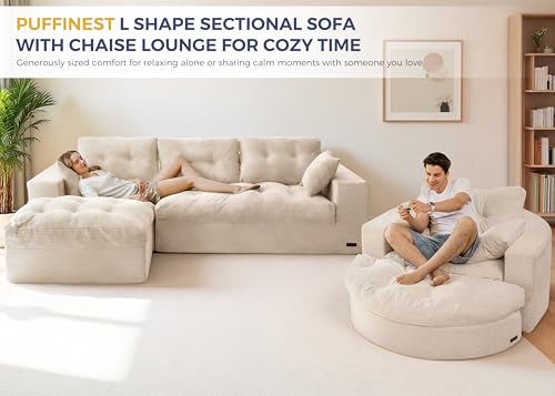 Image of MAXYOYO L Shape Sectional Sofa Couch and Round Chaise Lounge, Modern Cloud Couch with Ottoman, Comfy Sofa with Layered Cushion, Tufted Upholstered Sleeper Chair for Living Room, No Assembly Required