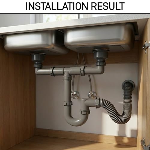 COLDDD 1-1/2 Inch Double Bowl Kitchen Sink Drain Kit - Universal Flexible P-Trap Pipe with Expandable Tailpiece (Wall & Floor Drain Compatible), Complete Plumbing Replacement Kit for 15\"-24\" Spacing