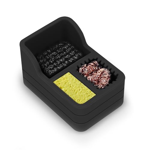 Soldering Iron Tip Cleaner Kit with Brass Wool, Sponge,Steel Brush in Black Silicone Holder – Heat and Scratch Resistant Cleaning Tool for Soldering, Electronics Repair,DIY Projectst