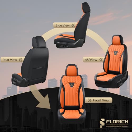 Image of FLORICH Leather Seat Covers, Car Seat Covers Full Set, Car Seat Protectors 5 Seats, Automotive Seat Covers Driver Seat Covers Fit for Most Cars Trucks SUV-Black&Orange