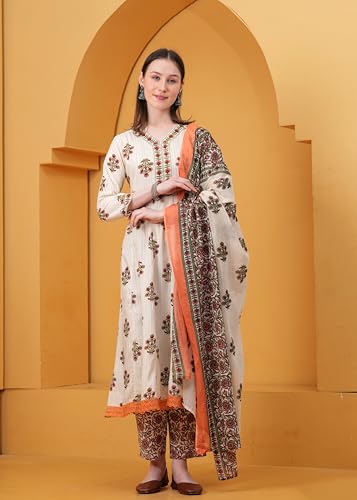 Image of Women's Indigo Blue Printed Anarkali Kurta with Palazzo Set, Long Sleeve V-Neck Ethnic Wear (IN, Alpha, S, Regular, Peach)