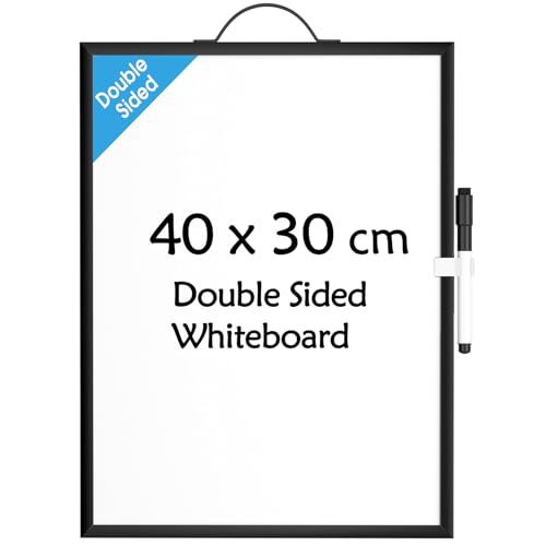 KTRIO Petit tableau blanc effaçable à sec, 40 cm x 30 cm, tableau blanc magnétique double face pour mur, cadre en aluminium noir à suspendre et tableau blanc portable pour étudiants, planification,