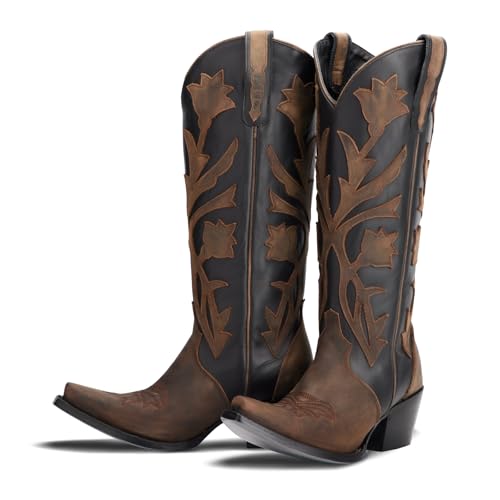 sexytag Floral Cowboy Boots for Women Two-tone Embroidered Cowgirl Knee High Western Boots3