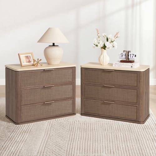 Image of Night Stand Set of 2, 30.71 inch W Rattan Nightstand with 3 Drawers, Faux Marble Top Bedside Table, Boho Mid Century End Table for Bedroom Living Room Sofa Office, Dark Oak [FSC Certified]