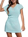 Haloumoning Girls Crochet Swim Beach Cover Up Kids Fashion Button Short Sleeve Swimsuits Cover Ups 5-14 Years Blue