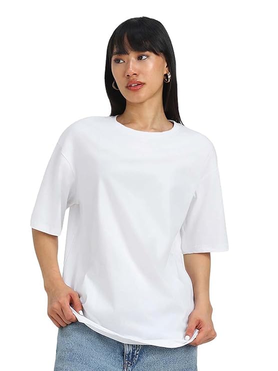 Image of JUNEBERRY 100% Pure Cotton Oversized Loose Fit Half Sleeve Drop Shoulder Solid Core Round Neck Multicolor T-Shirt Combo for Women (Pack of 4) (Colors: Black, White, Swanwhite, Brown, Lilac & Maroon)