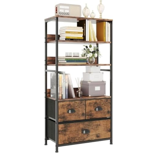 SKY-TOUCH Kitchen Storage and Organization Rack 3 Fabric Drawers & 4 Tier Shelf Unit for Office Home Living Room 22.9x11.6x56.7 inch - Tiger Wood
