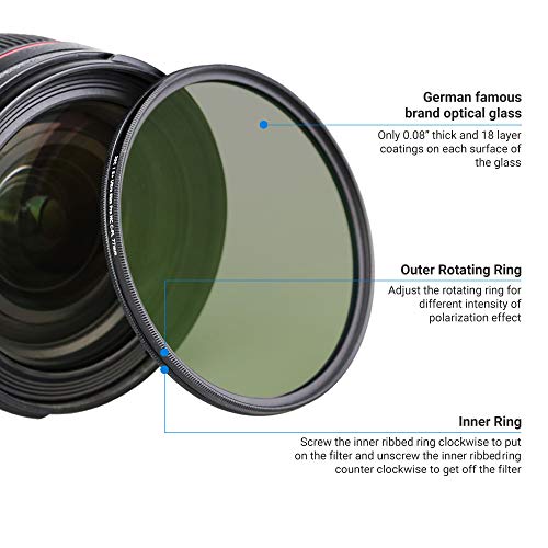 Image of JJC 77mm Circular Polarizer Polarizing 18-Layer CPL Filter for Camera Lens | for Canon RF 14-35mm f4L IS USM, Nikon Z 24-120mm f4 S, Z 28-400mm f4-8, Sony FE 70-200mm F2.8 Lens & More 77mm Thread Lenses