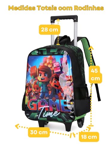 Kit Mochila de Rodinhas com Lancheira e Estojo Minecraft Game Menino