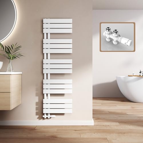 EMKE Badheizkörper mit Multiblock 1320x400 mm, Flach Handtuchheizkörper mit Seitenanschluss, Effizienter Handtuchwärmer Handtuchtrockner Heizkörper für Bad, Weiß, 570W