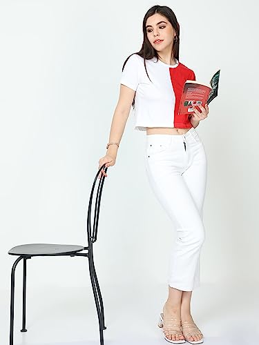 Image of FLEXIMAA Women's Cotton Plain Round Neck Half Sleeve Crop Top