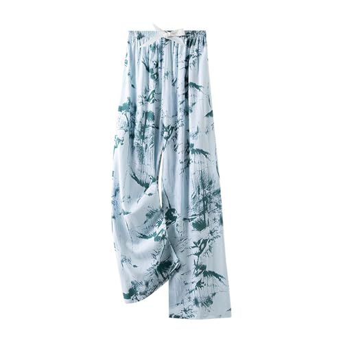Image of Women's Pajama Bottoms Summer Soft Wide Leg Lounge Pants Vintage Ethnic Style Printed Cotton Linen Cropped Trousers Nightwear Comfy Elasticated Waist Sleep Pants for All Seasons One Size