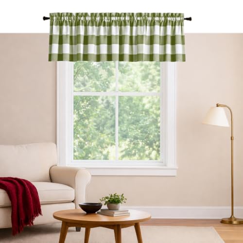 Softopia Cotton Buffalo Check Kitchen Window Valances 2 Pack, 54x18 Inches Rod Pocket Farmhouse Curtain Panels for Dining Room, Living Area, Bathroom, Café, Rustic Décor, Mint Green