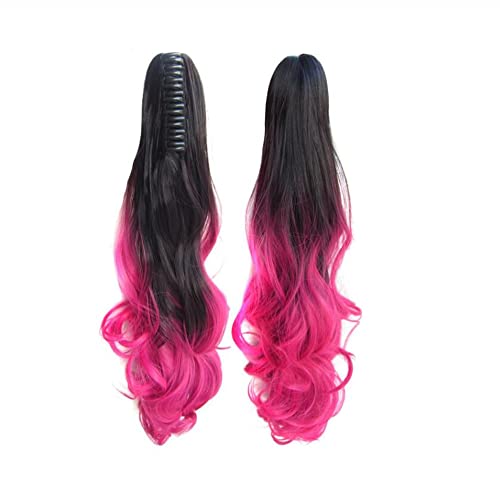 YOEMAYUNER 21" Ponytail Extension Claw Curly Wavy Clip in Hairpiece Wavy Ponytail Hair Extensions Long Pony Tails for Women (1PC Black Peachpink)