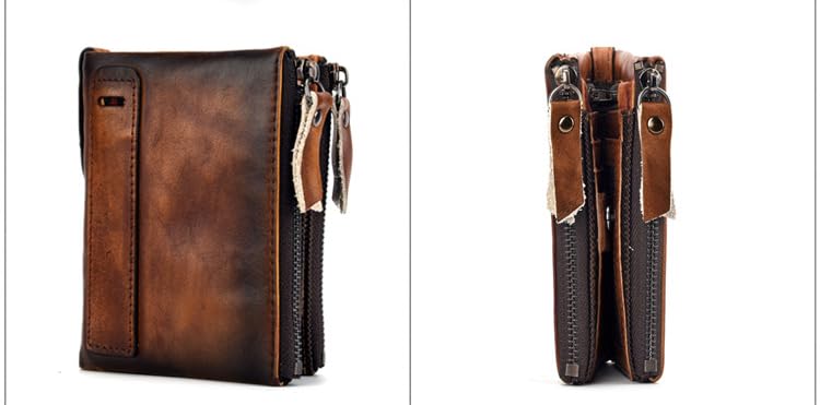 Retro Genuine Leather Wallet for Men Double Zipper Compact RFID Blocking Travel Organizer (Coffee)3